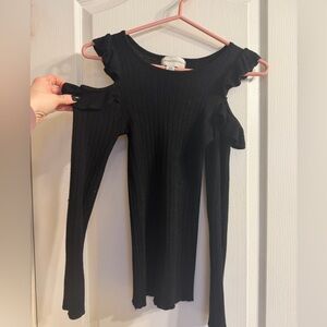 Black Ribbed Cold-Shoulder Long Sleeve Top